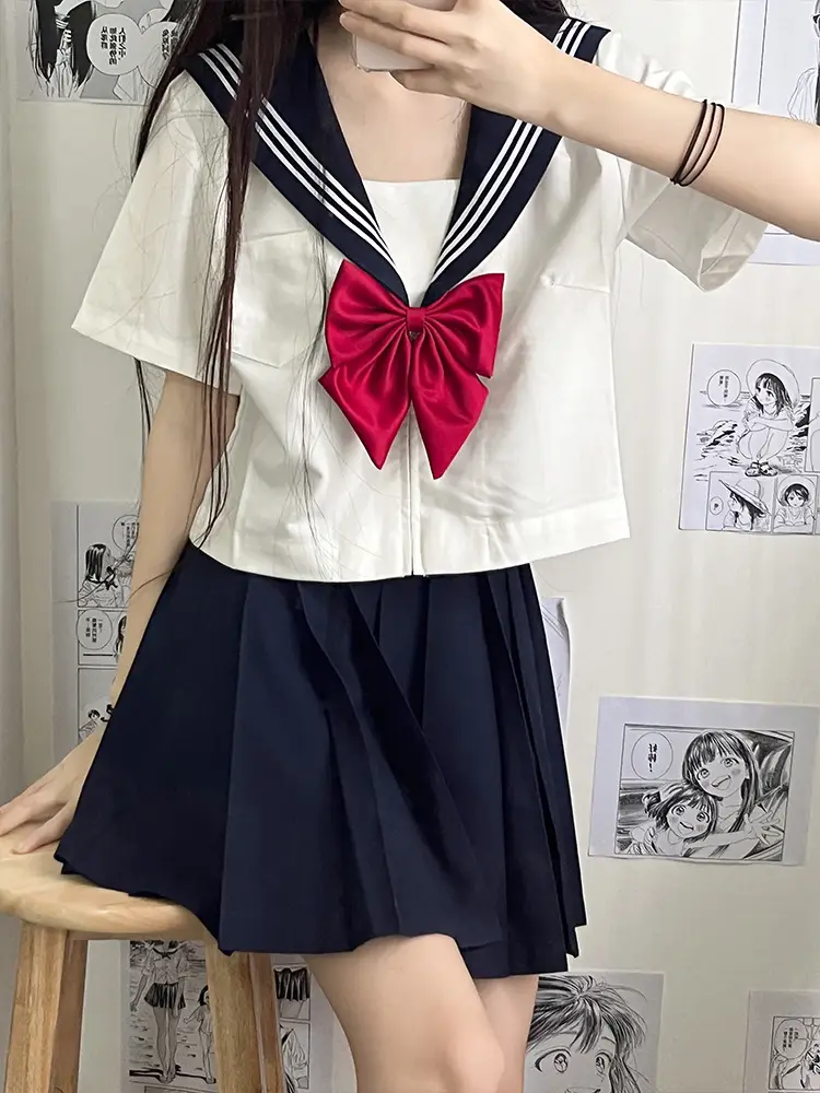 Japanese Style Sailor Suit White Pleated Skirt Summer - Image 12