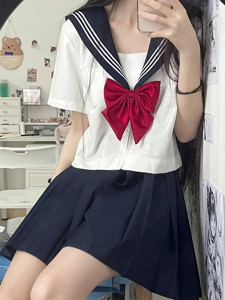Japanese Style Sailor Suit White Pleated Skirt Summer - Image 13