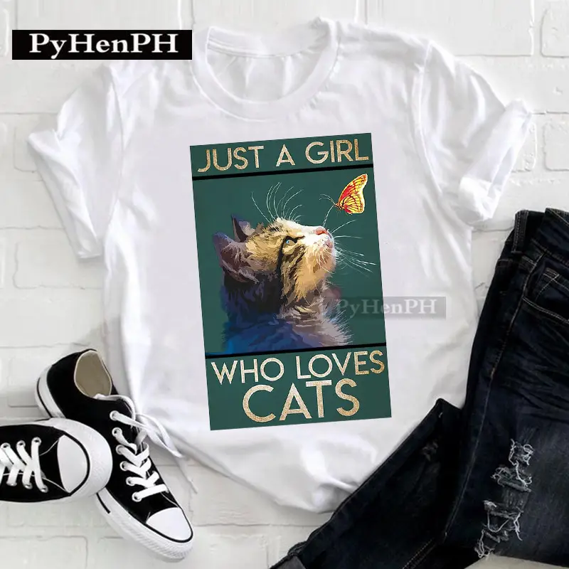 Women Cat Print T-Shirt Short Sleeve Loose Fit