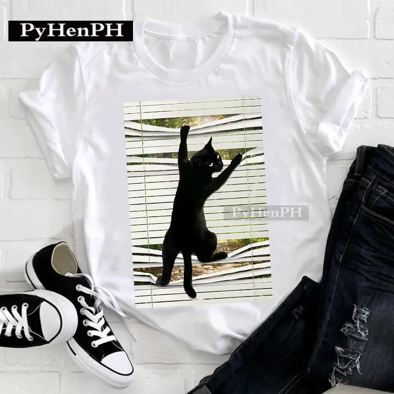 Women Cat Print T-Shirt Short Sleeve Loose Fit
