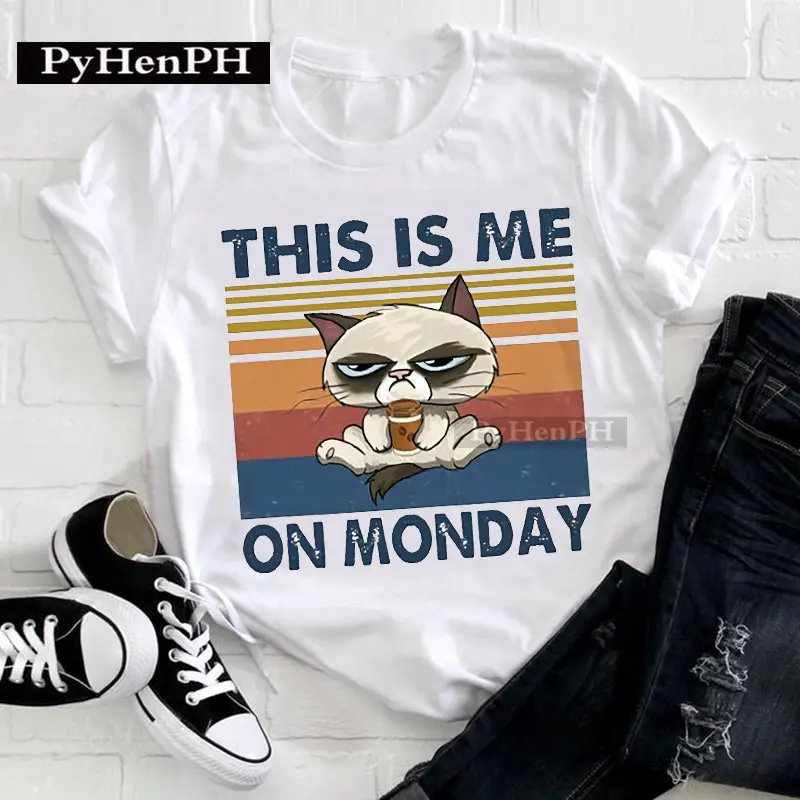 Women Cat Print T-Shirt Short Sleeve Loose Fit