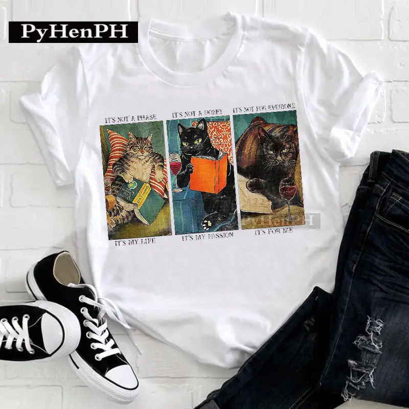 Women Cat Print T-Shirt Short Sleeve Loose Fit