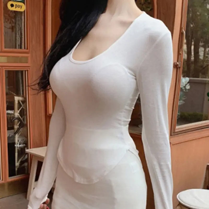 Women's Low Cut Long Sleeve T-Shirt Cream Big Curved Hem - Image 22