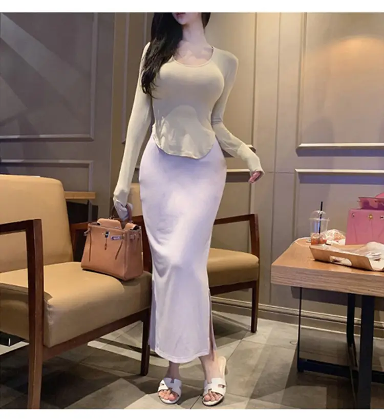 Women's Low Cut Long Sleeve T-Shirt Cream Big Curved Hem — feature 18