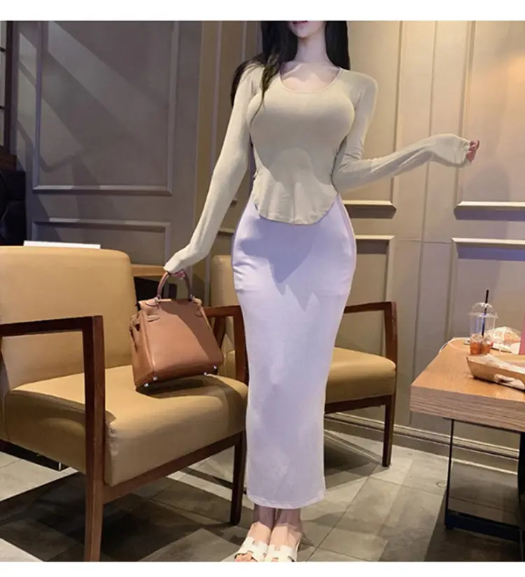 Women's Low Cut Long Sleeve T-Shirt Cream Big Curved Hem — feature 19