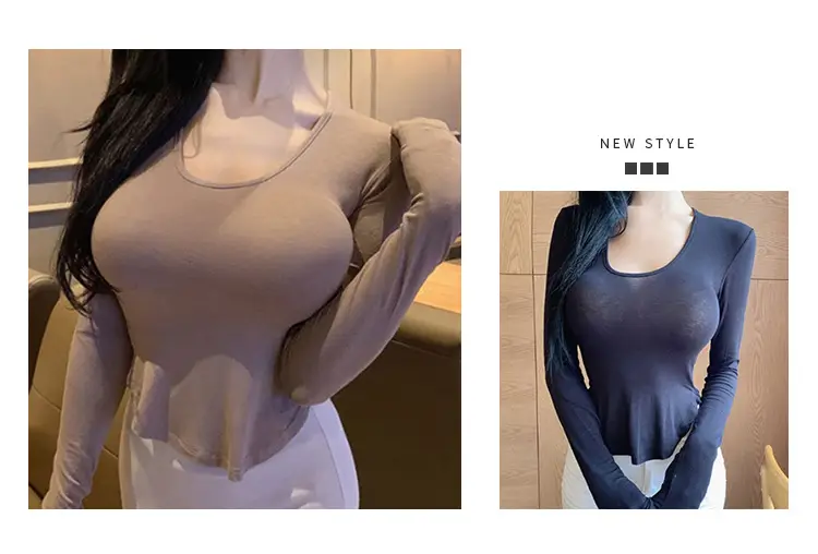 Women's Low Cut Long Sleeve T-Shirt Cream Big Curved Hem — feature 2