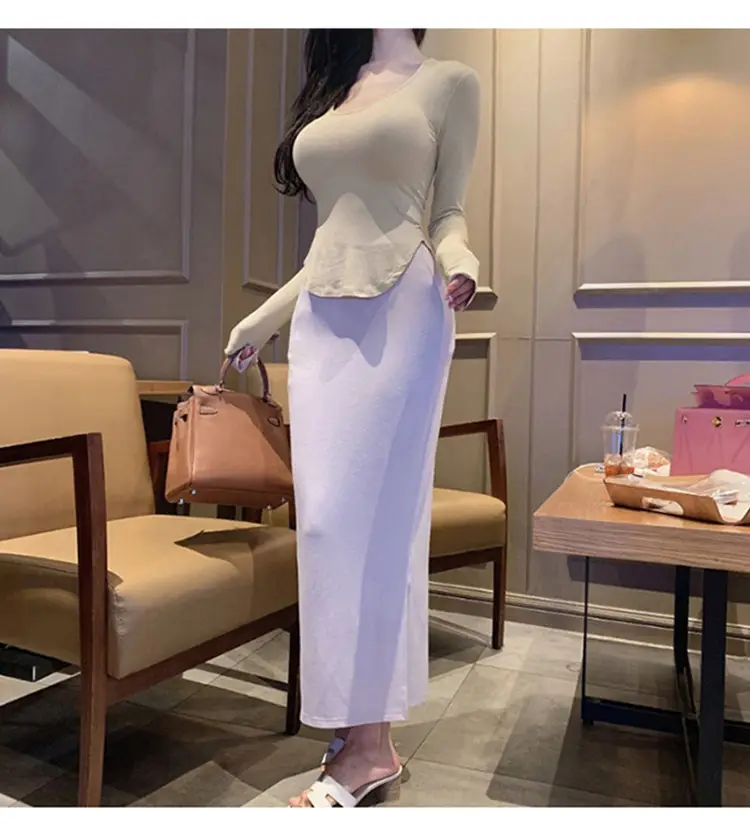 Women's Low Cut Long Sleeve T-Shirt Cream Big Curved Hem — feature 20