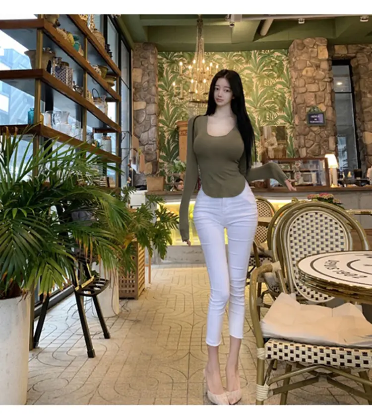 Women's Low Cut Long Sleeve T-Shirt Cream Big Curved Hem — feature 21