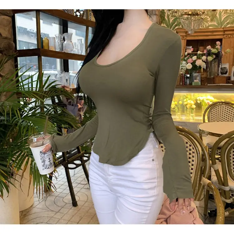 Women's Low Cut Long Sleeve T-Shirt Cream Big Curved Hem — feature 22