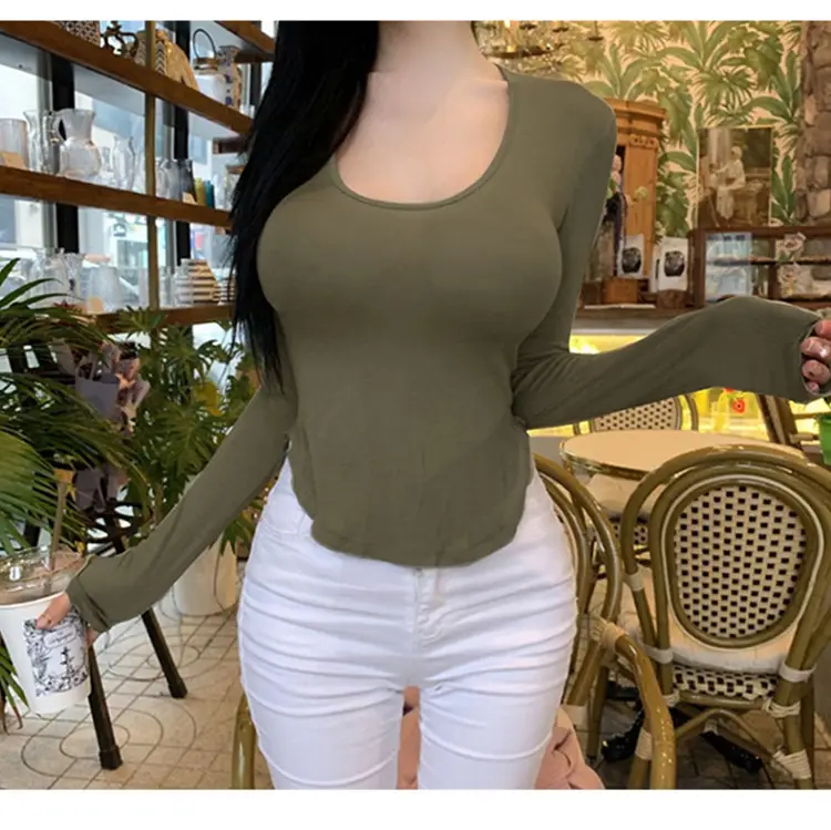 Women's Low Cut Long Sleeve T-Shirt Cream Big Curved Hem — feature 23