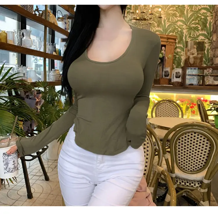 Women's Low Cut Long Sleeve T-Shirt Cream Big Curved Hem — feature 24
