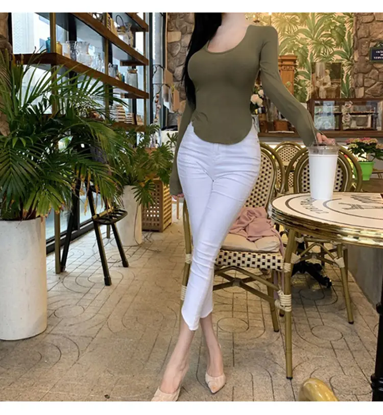 Women's Low Cut Long Sleeve T-Shirt Cream Big Curved Hem — feature 25
