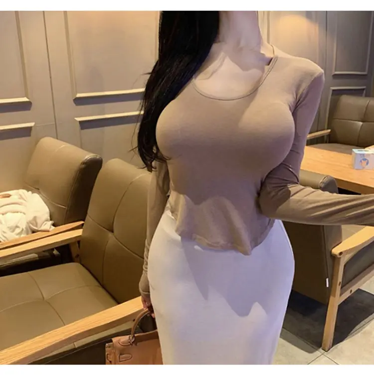 Women's Low Cut Long Sleeve T-Shirt Cream Big Curved Hem — feature 26
