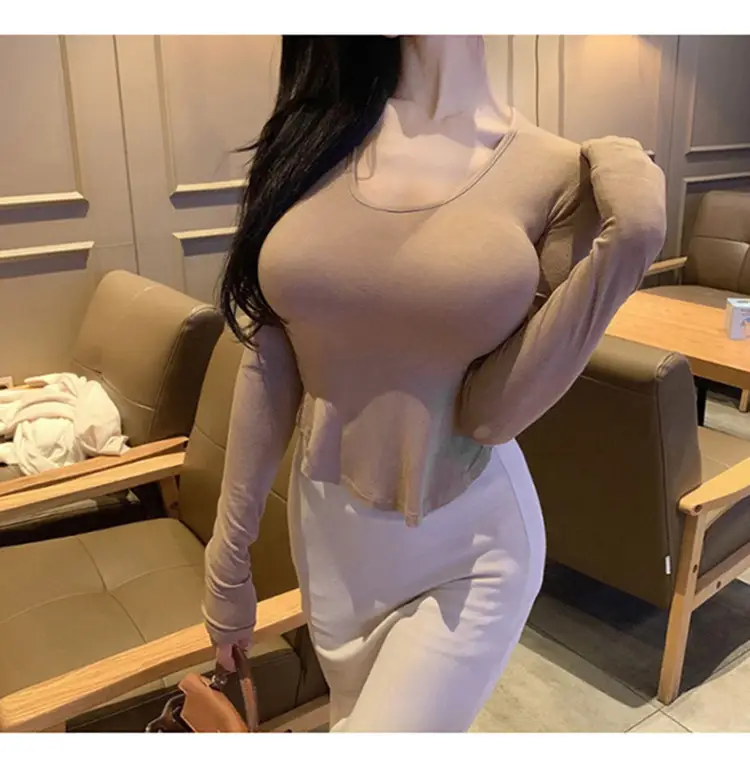 Women's Low Cut Long Sleeve T-Shirt Cream Big Curved Hem — feature 28