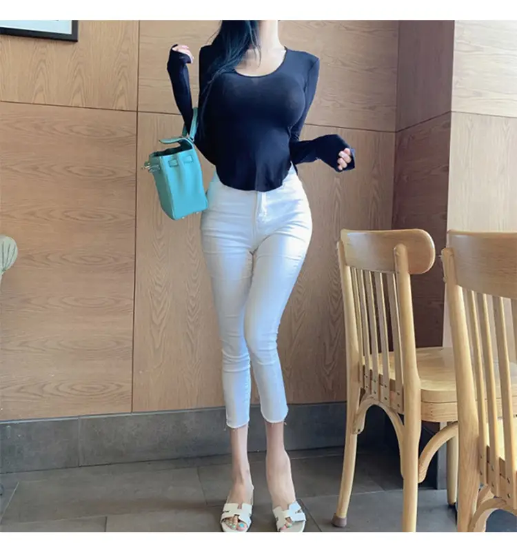 Women's Low Cut Long Sleeve T-Shirt Cream Big Curved Hem — feature 30