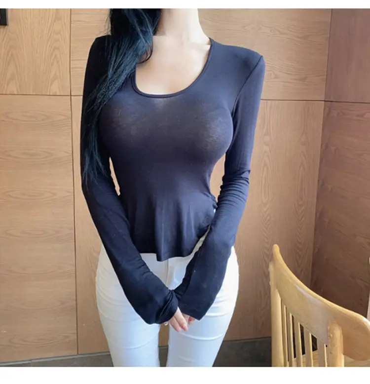 Women's Low Cut Long Sleeve T-Shirt Cream Big Curved Hem — feature 31