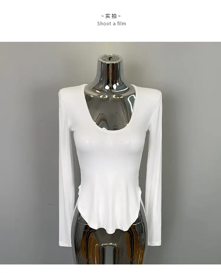 Women's Low Cut Long Sleeve T-Shirt Cream Big Curved Hem — feature 33