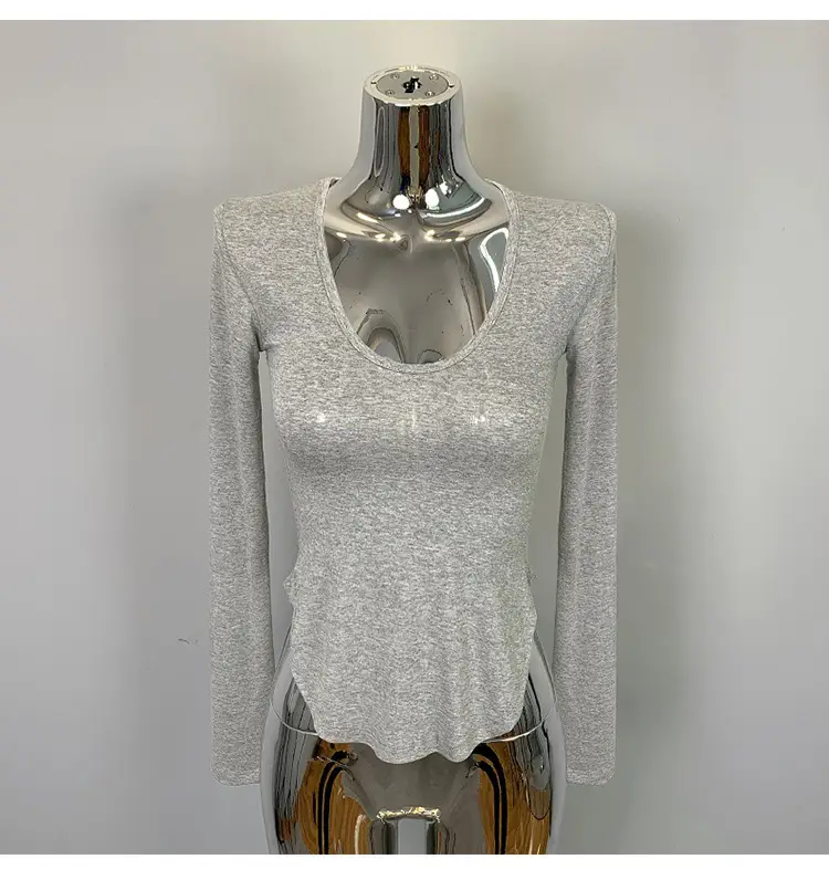 Women's Low Cut Long Sleeve T-Shirt Cream Big Curved Hem — feature 34