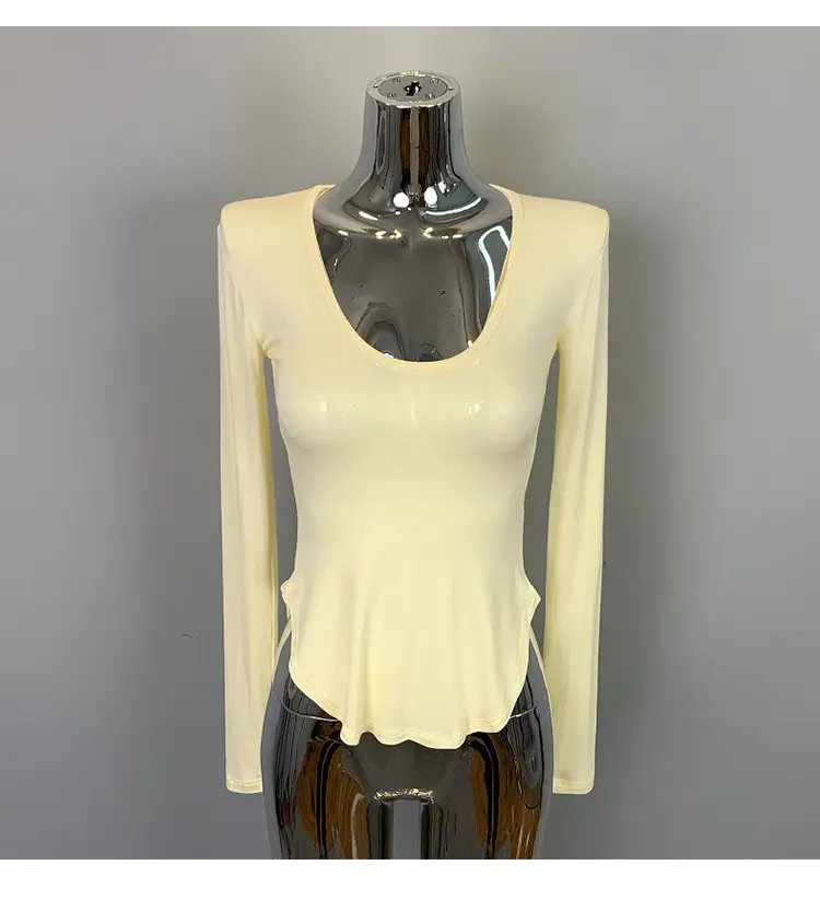 Women's Low Cut Long Sleeve T-Shirt Cream Big Curved Hem — feature 38