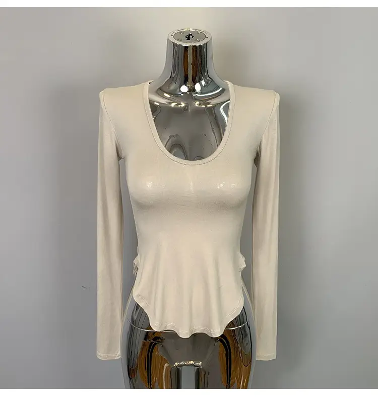 Women's Low Cut Long Sleeve T-Shirt Cream Big Curved Hem — feature 39
