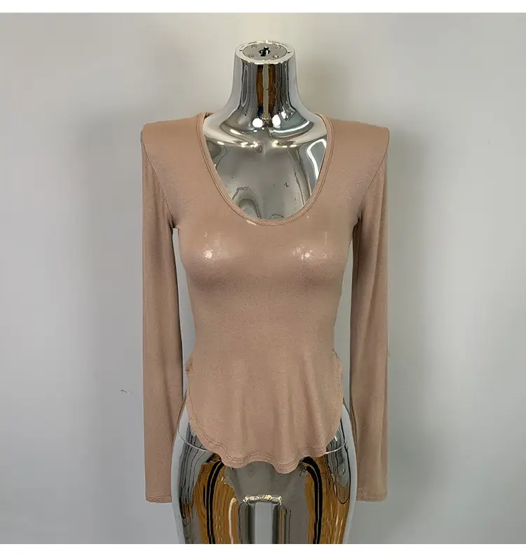 Women's Low Cut Long Sleeve T-Shirt Cream Big Curved Hem — feature 40