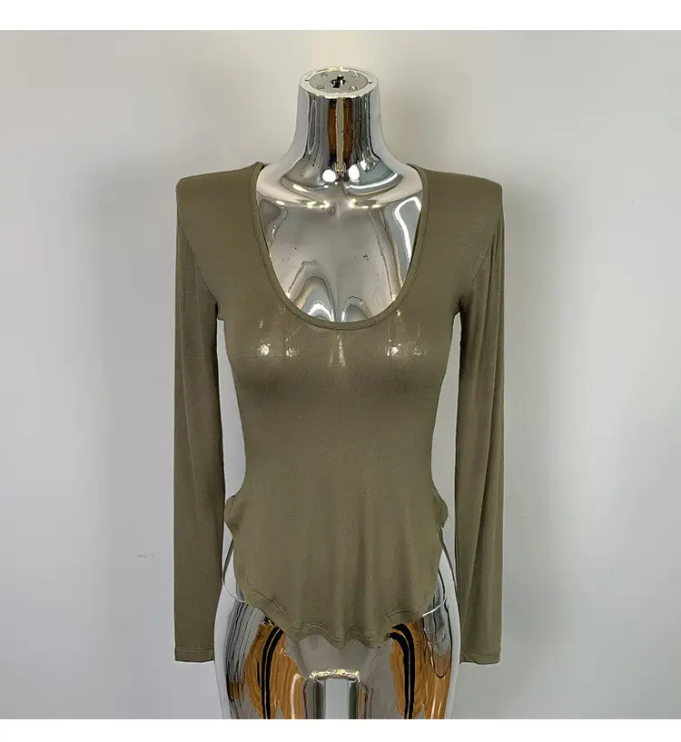 Women's Low Cut Long Sleeve T-Shirt Cream Big Curved Hem — feature 41