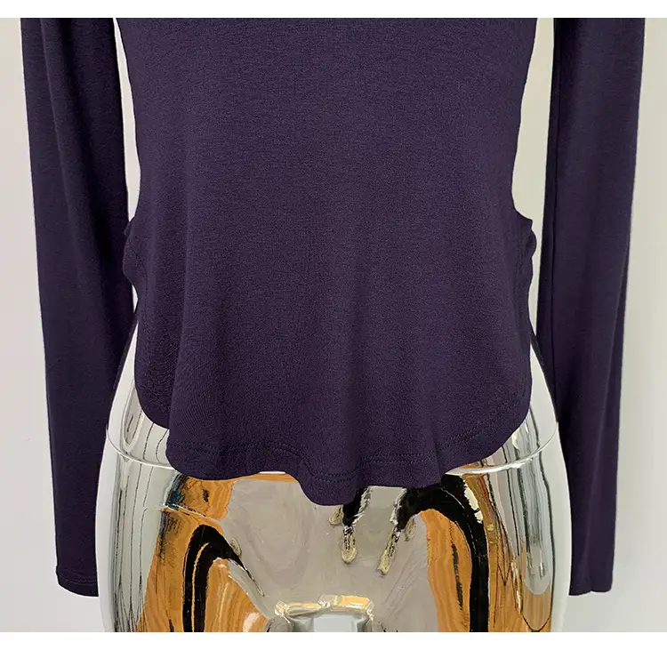 Women's Low Cut Long Sleeve T-Shirt Cream Big Curved Hem — feature 46