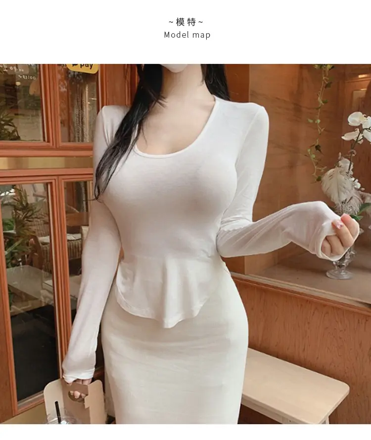 Women's Low Cut Long Sleeve T-Shirt Cream Big Curved Hem — feature 6