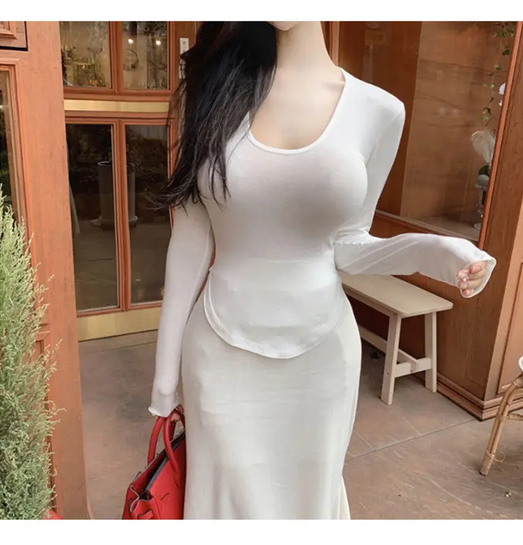 Women's Low Cut Long Sleeve T-Shirt Cream Big Curved Hem — feature 8