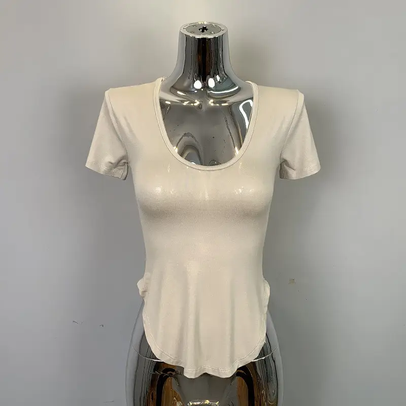 Women's Low Cut Long Sleeve T-Shirt Cream Big Curved Hem - Image 16