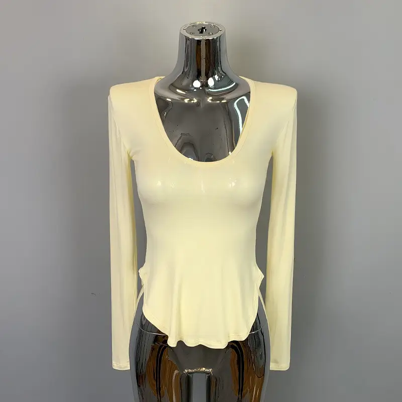 Women's Low Cut Long Sleeve T-Shirt Cream Big Curved Hem - Image 3