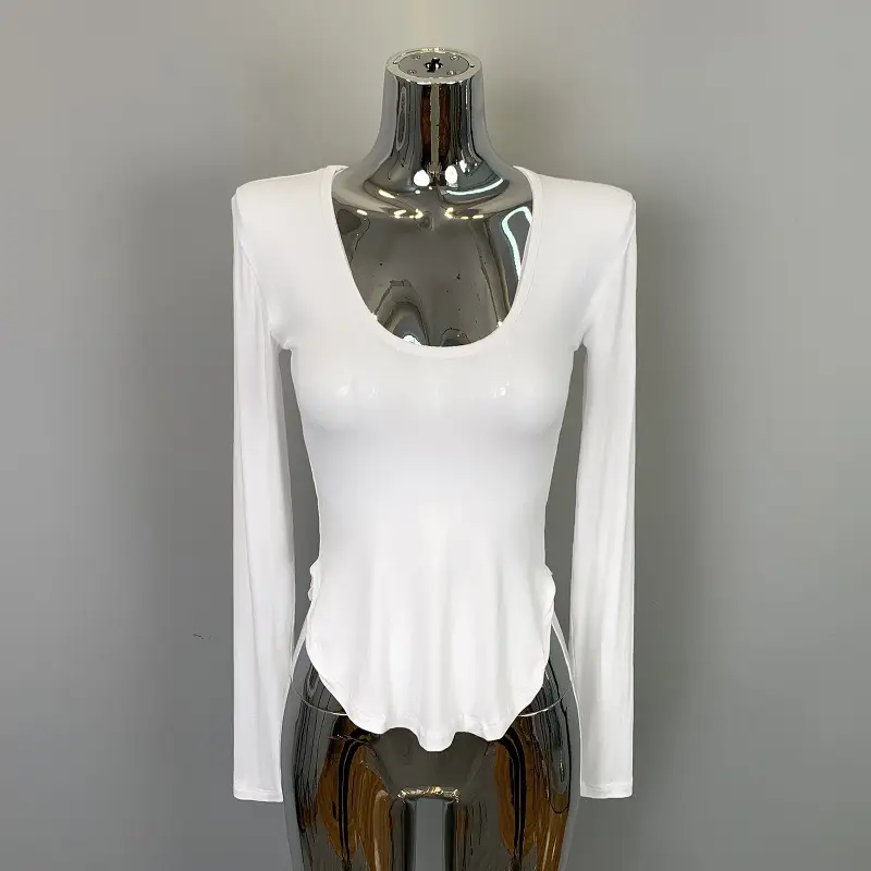 Women's Low Cut Long Sleeve T-Shirt Cream Big Curved Hem - Image 5