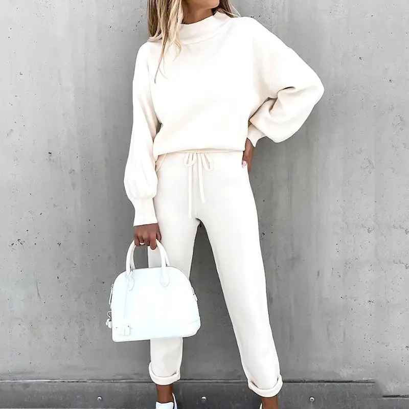 Women's 2-Piece Fall Winter Suit Cream High Neck Pants - Image 11