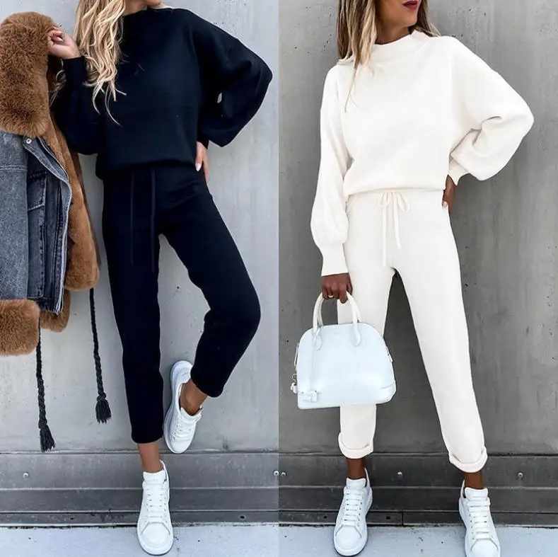 Women's 2-Piece Fall Winter Suit Cream High Neck Pants — feature 2