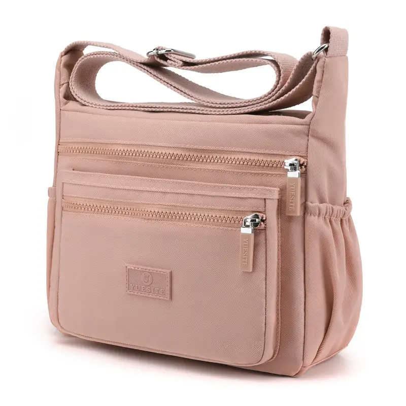 Women's Black Nylon Shoulder Bag with Zip Pockets