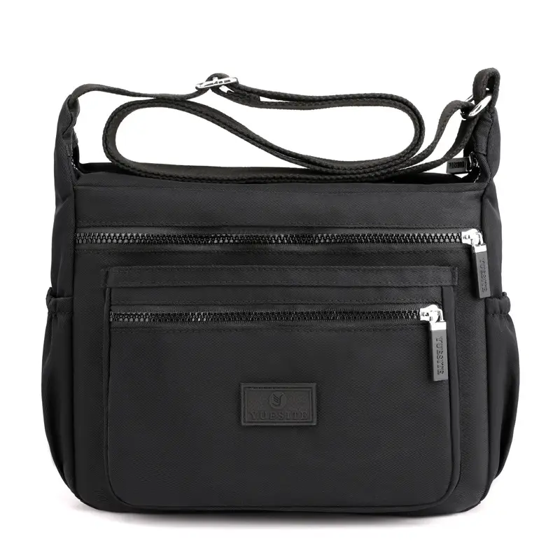 Women's Black Nylon Shoulder Bag with Zip Pockets