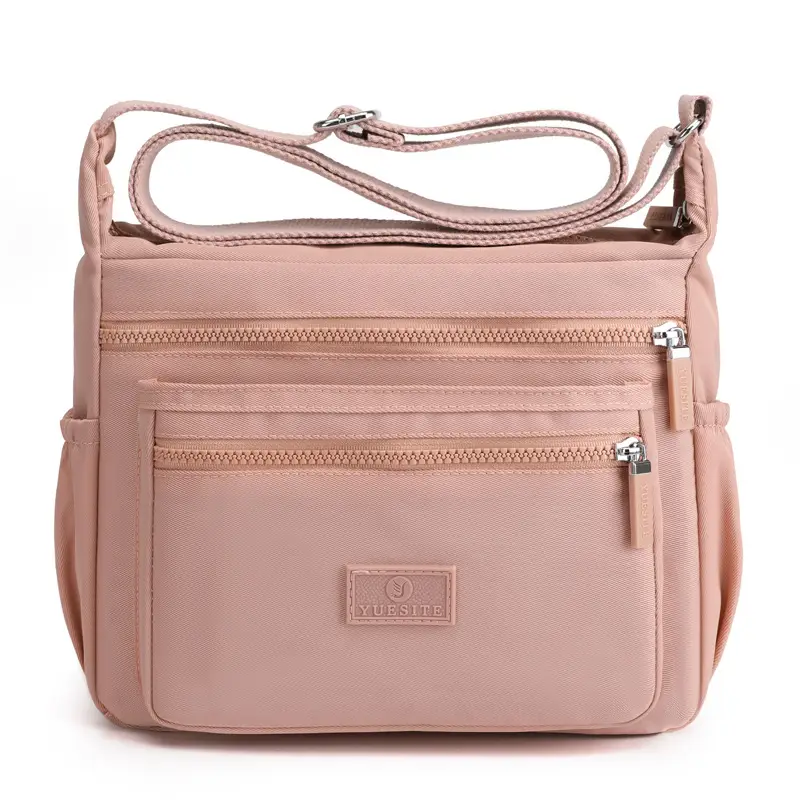 Women's Black Nylon Shoulder Bag with Zip Pockets