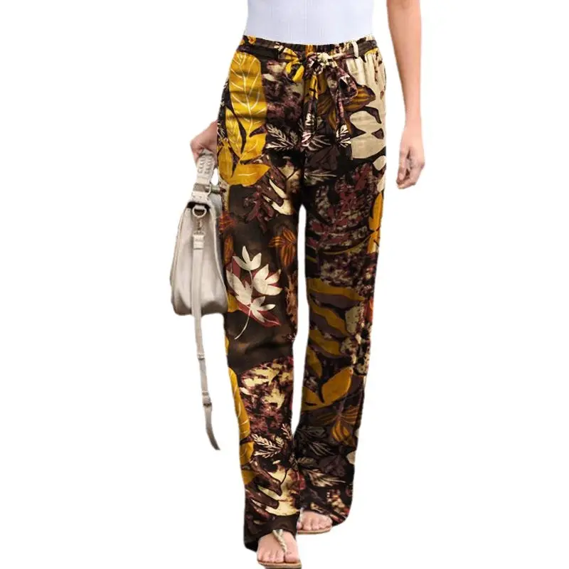 Women Printed Cotton Linen Trousers Black Floral Elastic Waist - Image 13