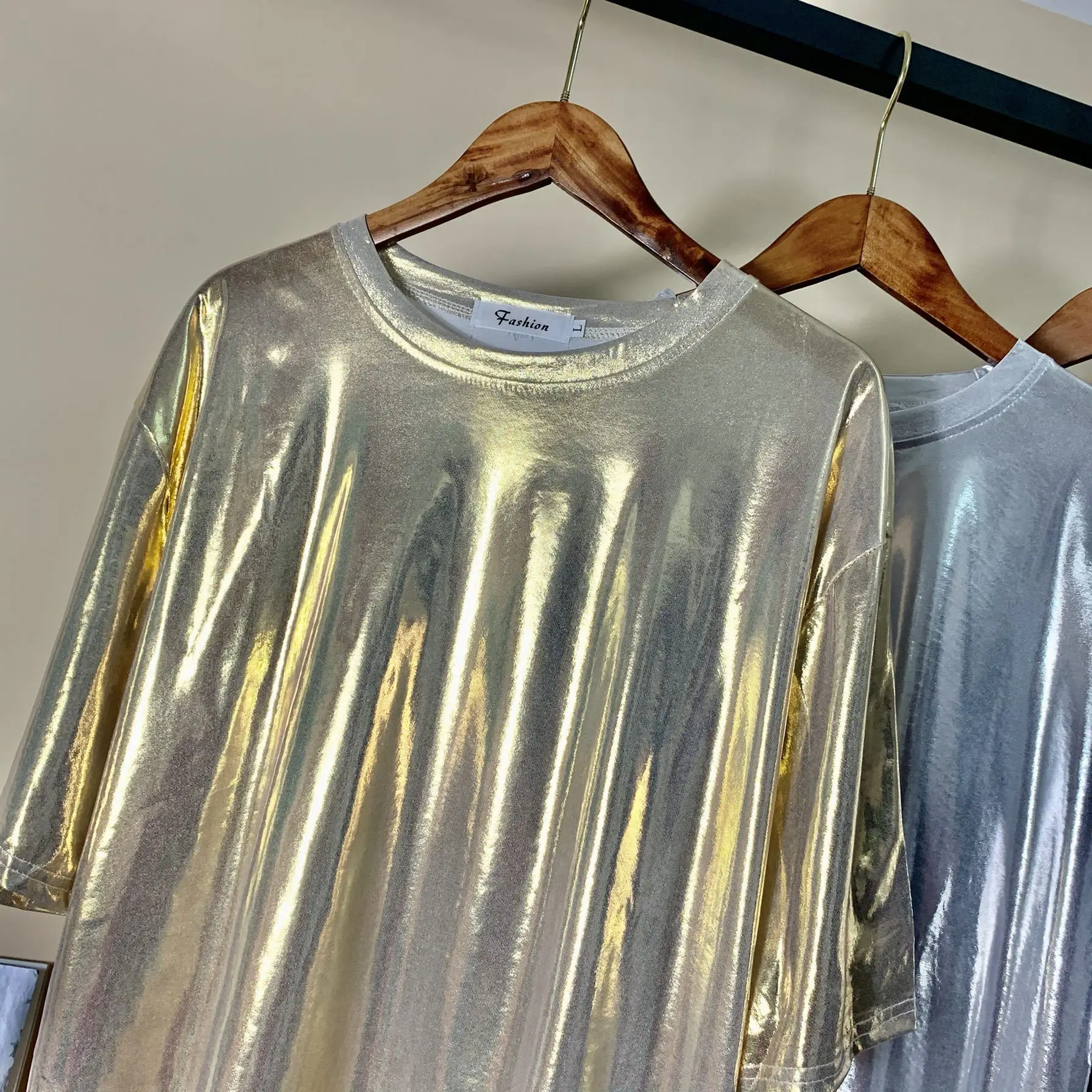 Plus Size Shiny Silver T-Shirt 2025 Summer - Image 6