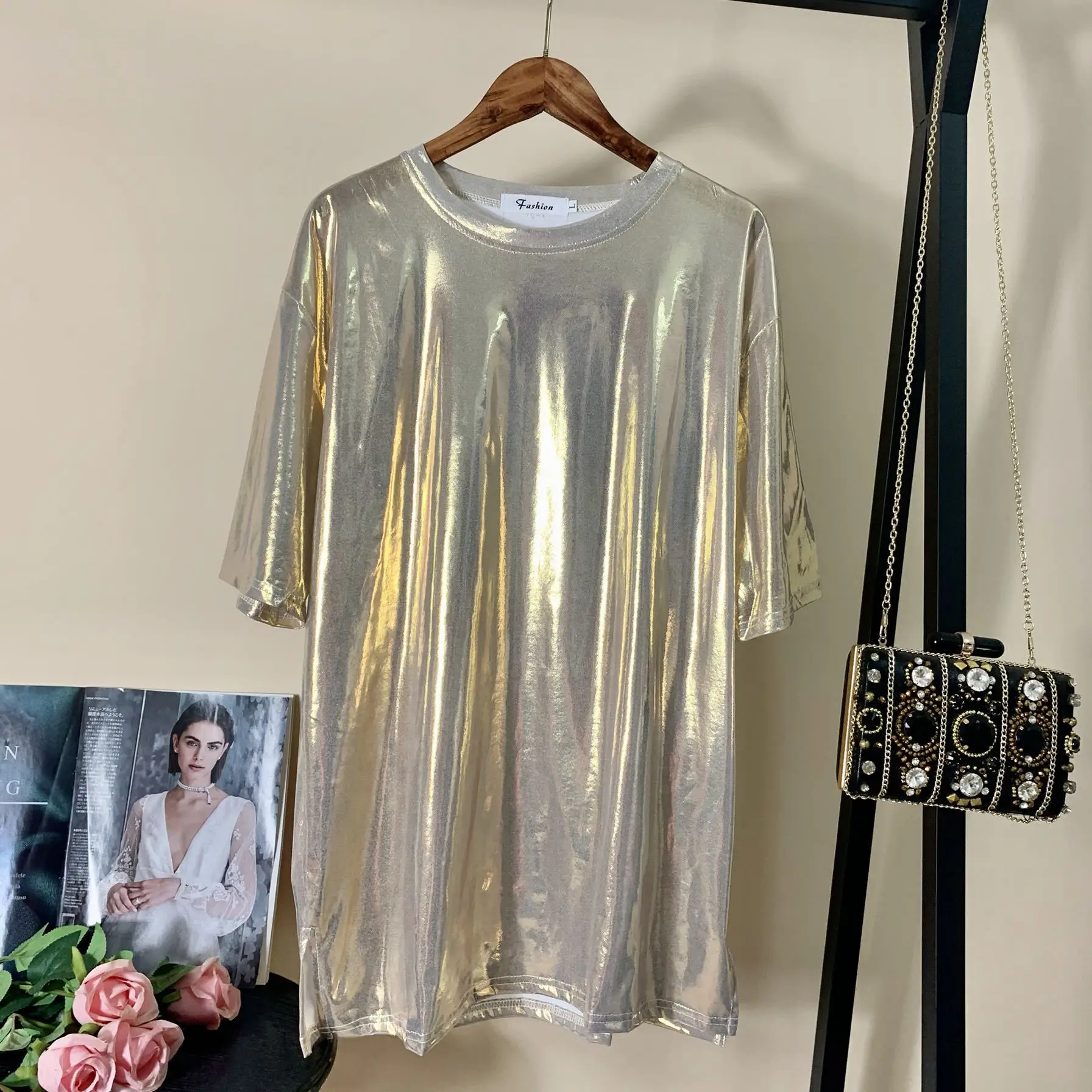 Plus Size Shiny Silver T-Shirt 2025 Summer - Image 8