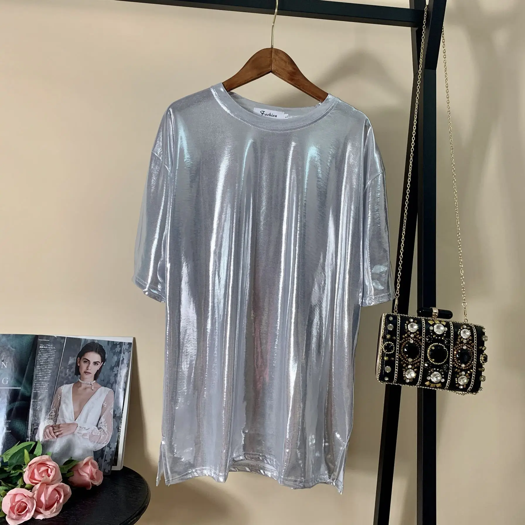 Plus Size Shiny Silver T-Shirt 2025 Summer - Image 2