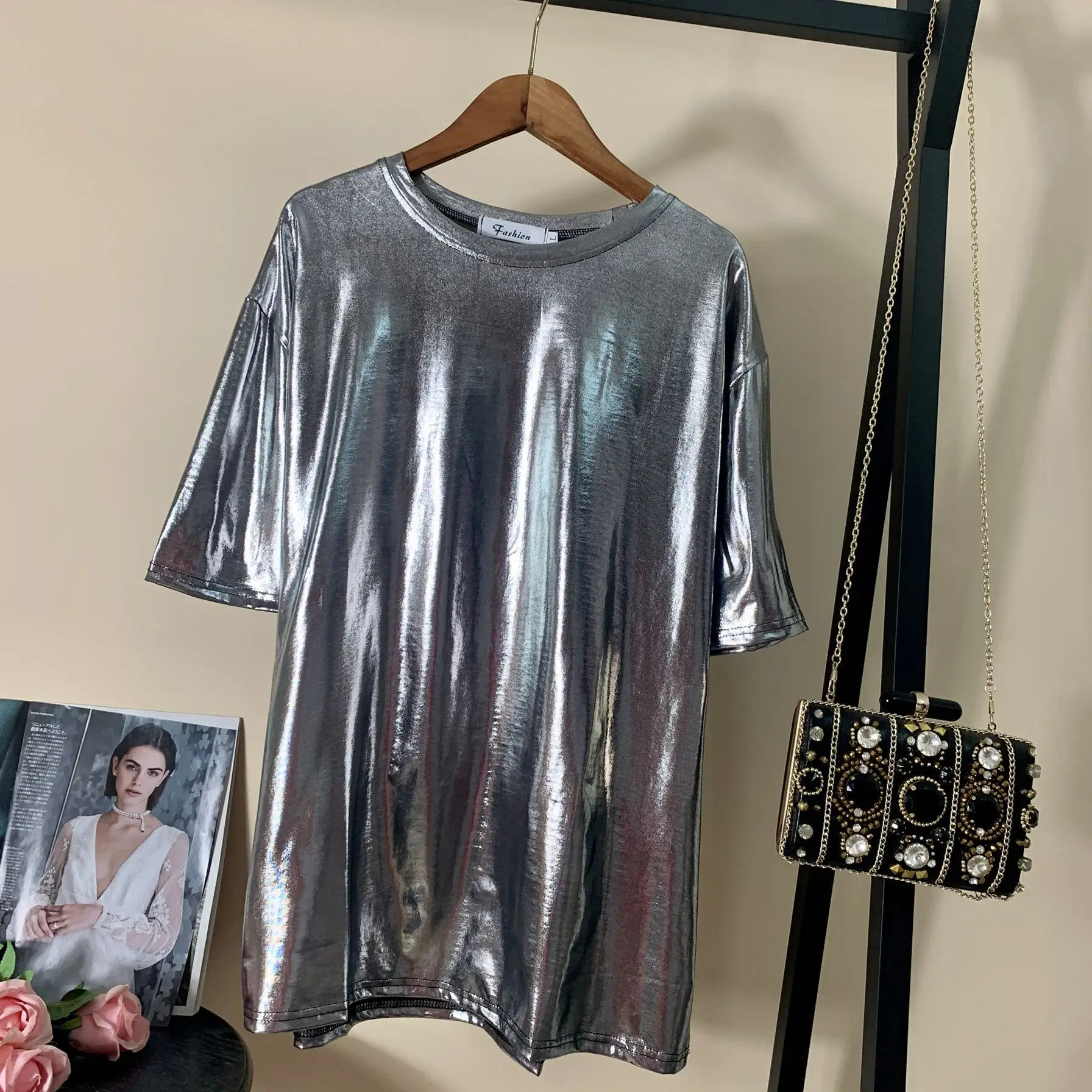Plus Size Shiny Silver T-Shirt 2025 Summer - Image 3