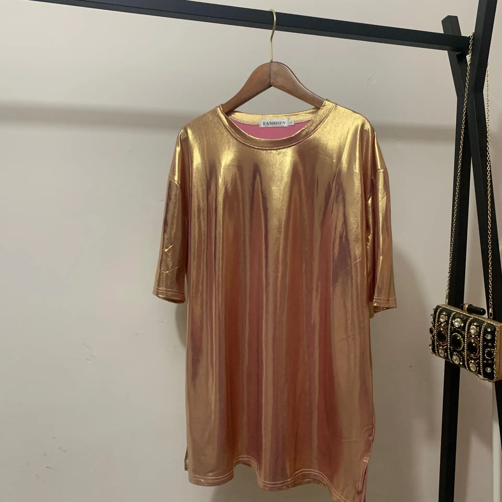 Plus Size Shiny Silver T-Shirt 2025 Summer - Image 4