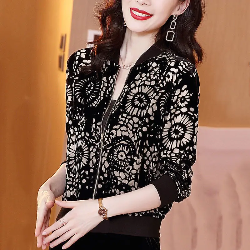 Black Floral Velvet Bomper Jacket for Women - Image 6
