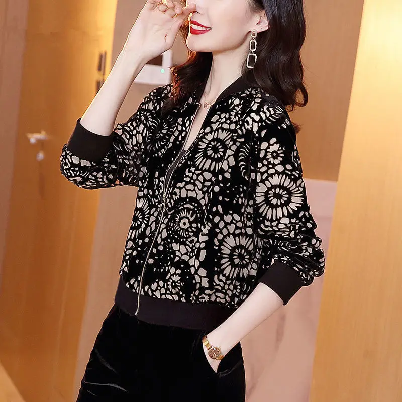 Black Floral Velvet Bomper Jacket for Women - Image 7
