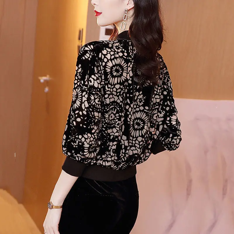 Black Floral Velvet Bomper Jacket for Women - Image 8