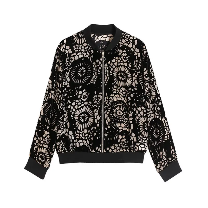 Black Floral Velvet Bomper Jacket for Women - Image 9