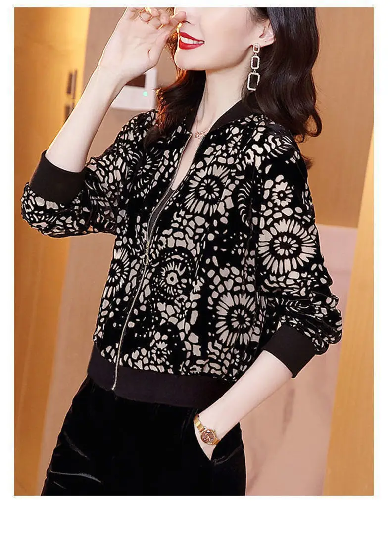 Black Floral Velvet Bomper Jacket for Women — feature 10