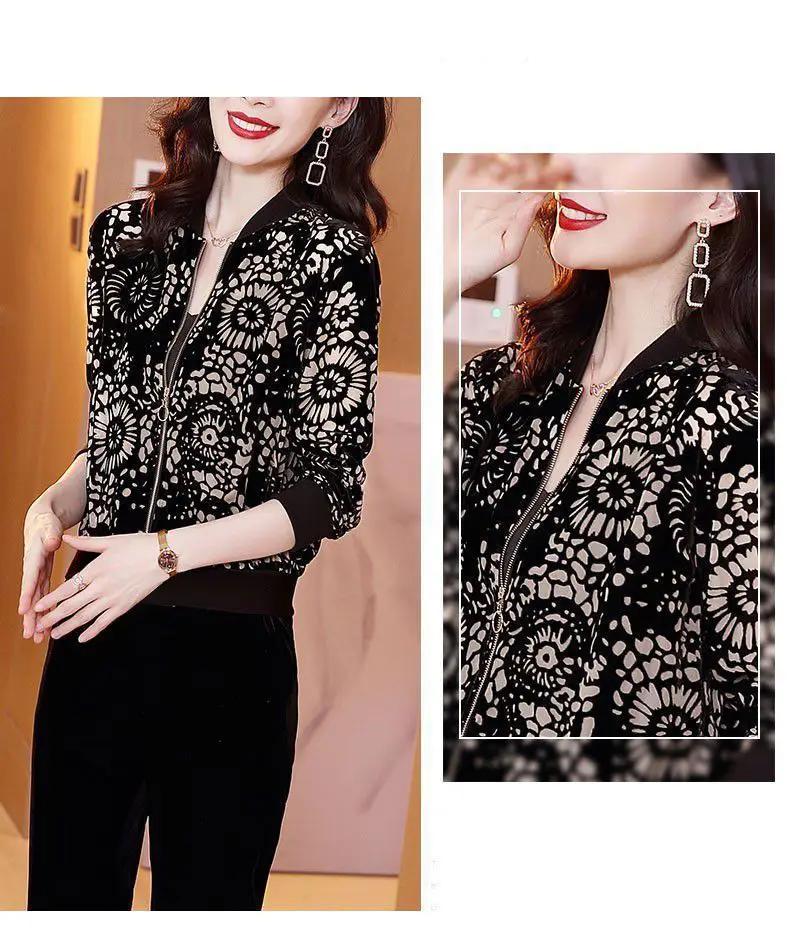 Black Floral Velvet Bomper Jacket for Women — feature 7