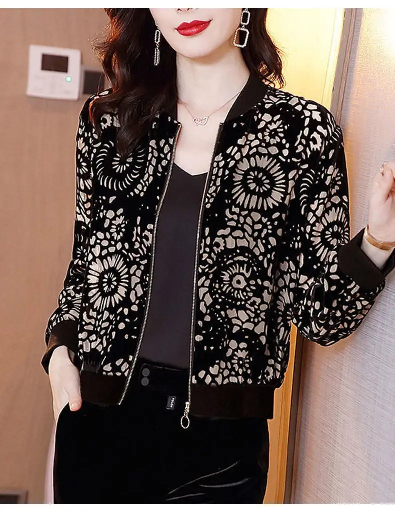 Black Floral Velvet Bomper Jacket for Women — feature 8